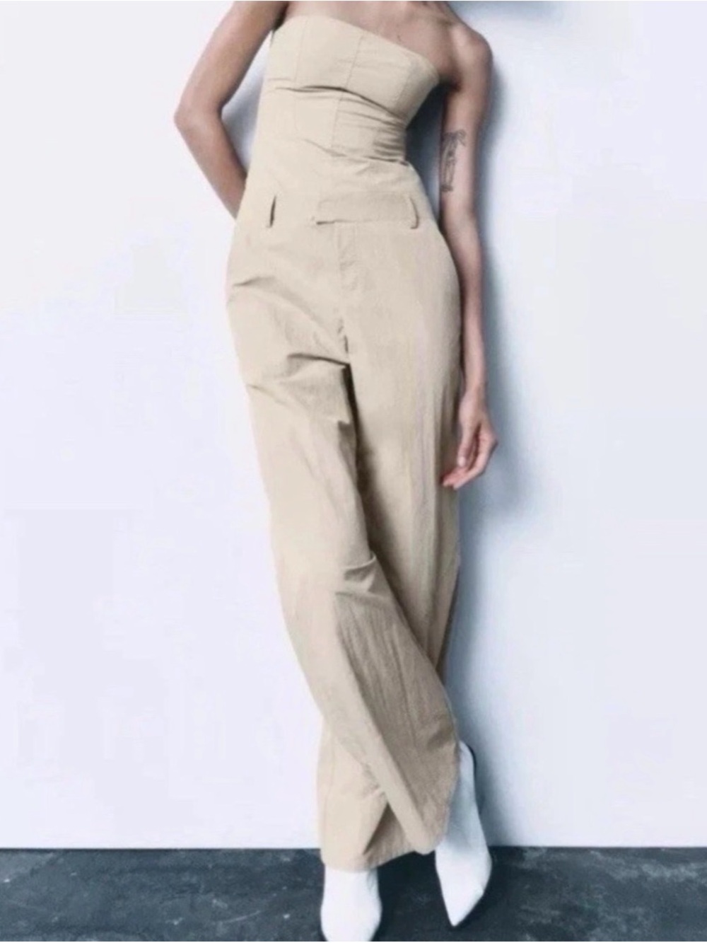 Zara Strapless Wide-Leg Jumpsuit in Beige - Picture 1 of 13